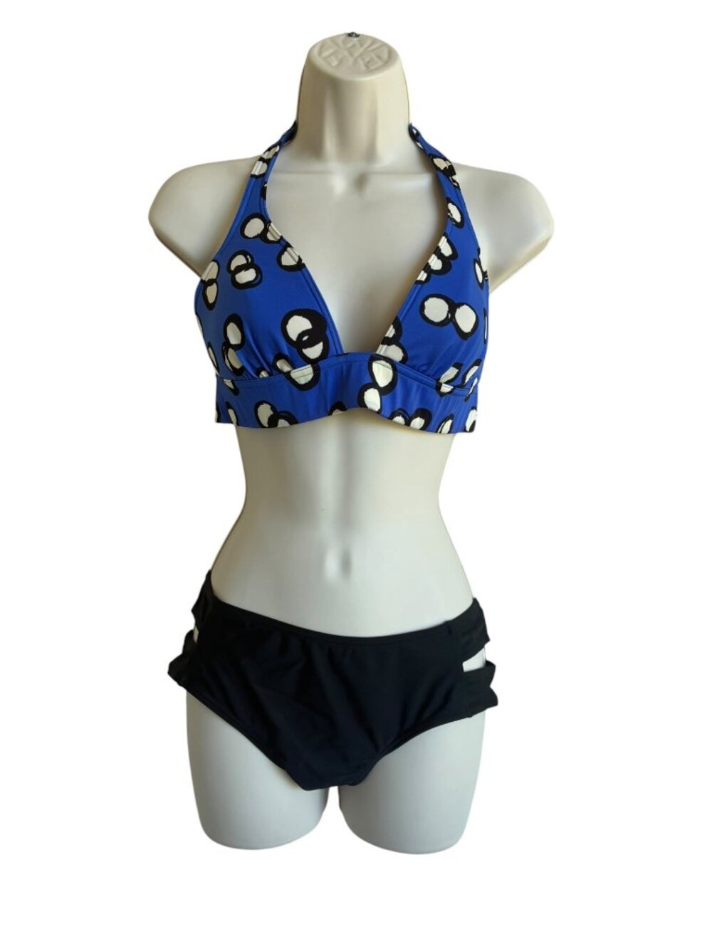 VINTAGE Victoria's Secret Womens M Blue Black Halter Bikini Top Geometric Medium